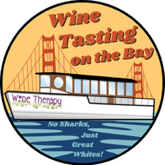 Illustration of a boat with 'Wine Therapy' and 'Wine Tasting on the Bay' text, in front of a bridge.